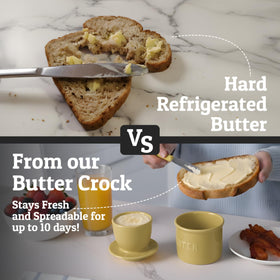 Priority Chef butter crock on counter with khaki finish for easy access.