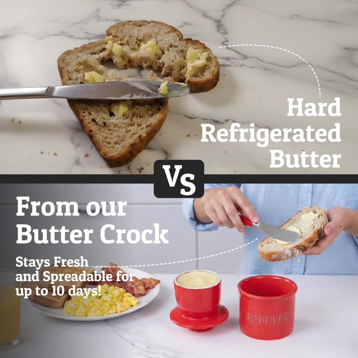 Priority Chef butter crock red on counter showcases vibrant kitchen accessory that stays ready to use.