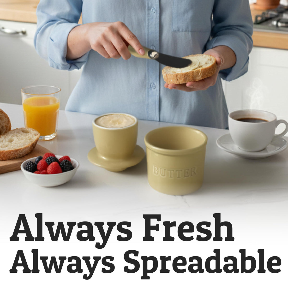 Salted butter inside Priority Chef crock preserves spreadable texture.