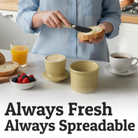 Salted butter inside Priority Chef crock preserves spreadable texture.