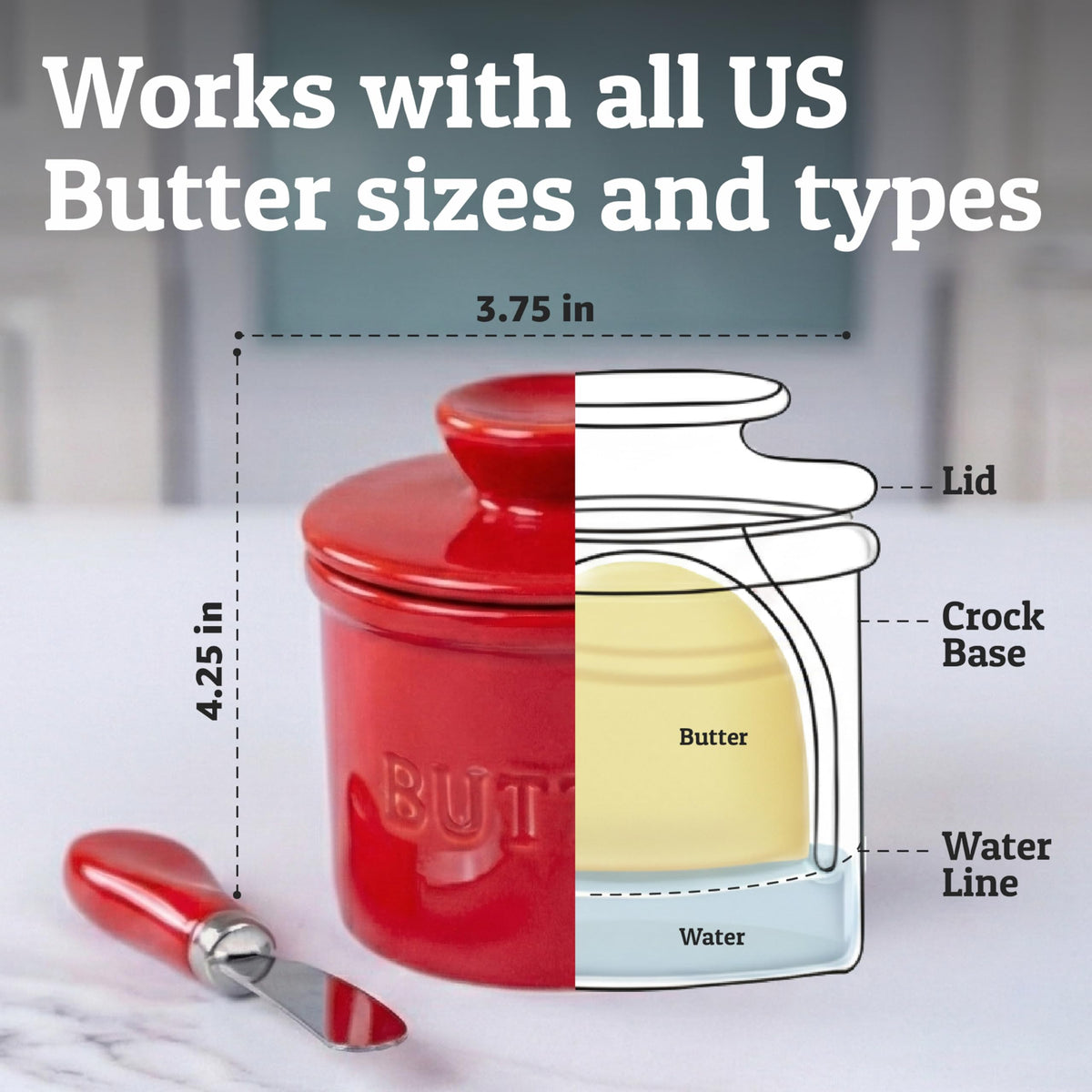 Priority Chef butter crock side angle showcases easy access for quick spreading.