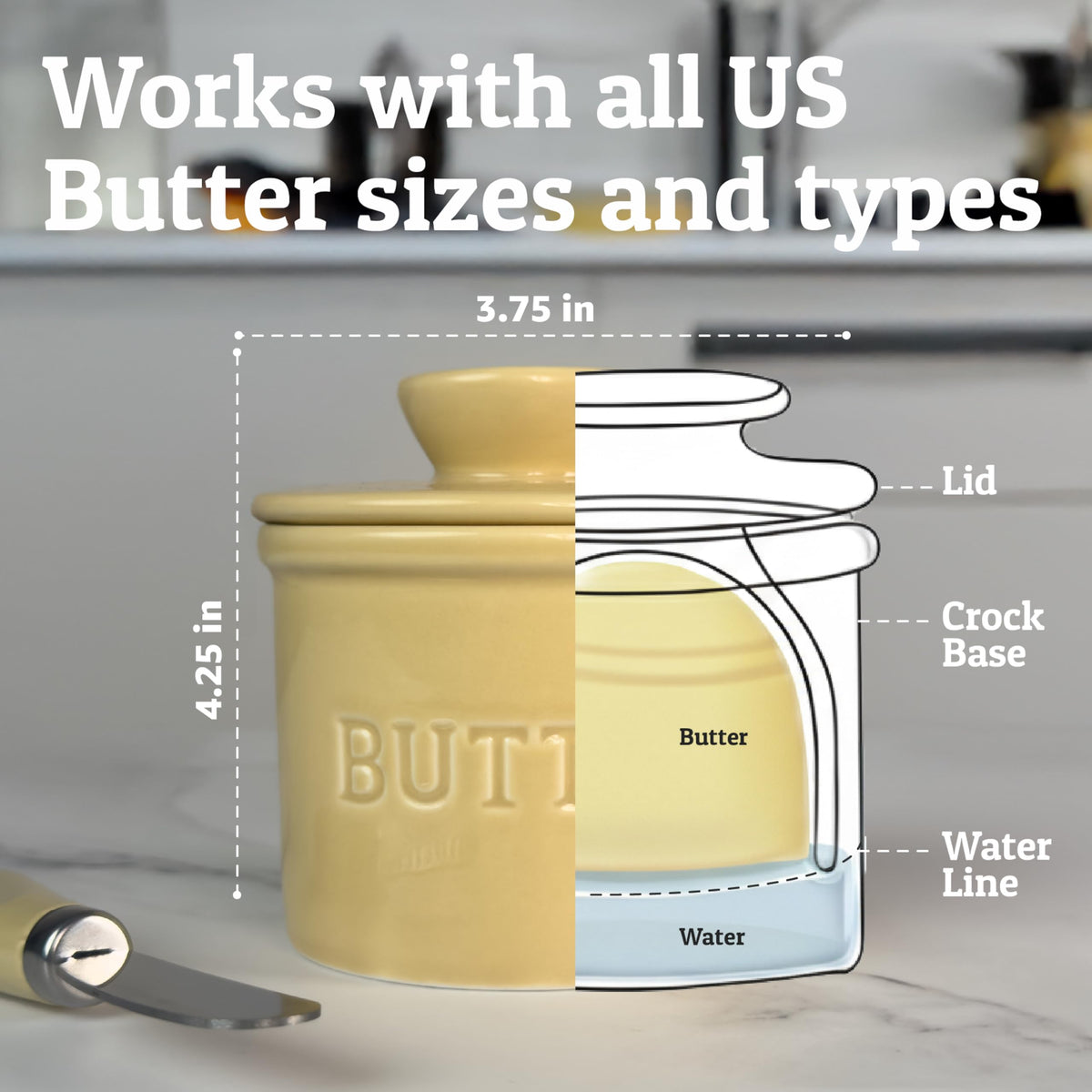 Top view shows water seal in Priority Chef butter crock preserving freshness.