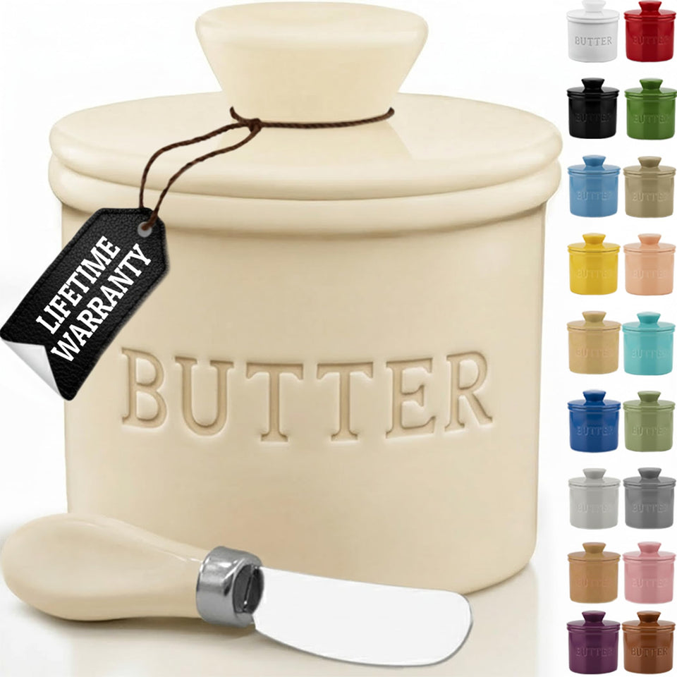 Priority Chef butter crock with water line lid keeps butter fresh on the counter.
