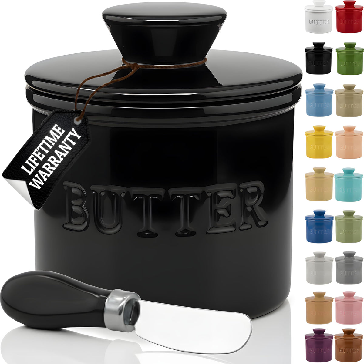 Priority Chef butter crock with lid on counter keeps butter fresh and ready to spread.