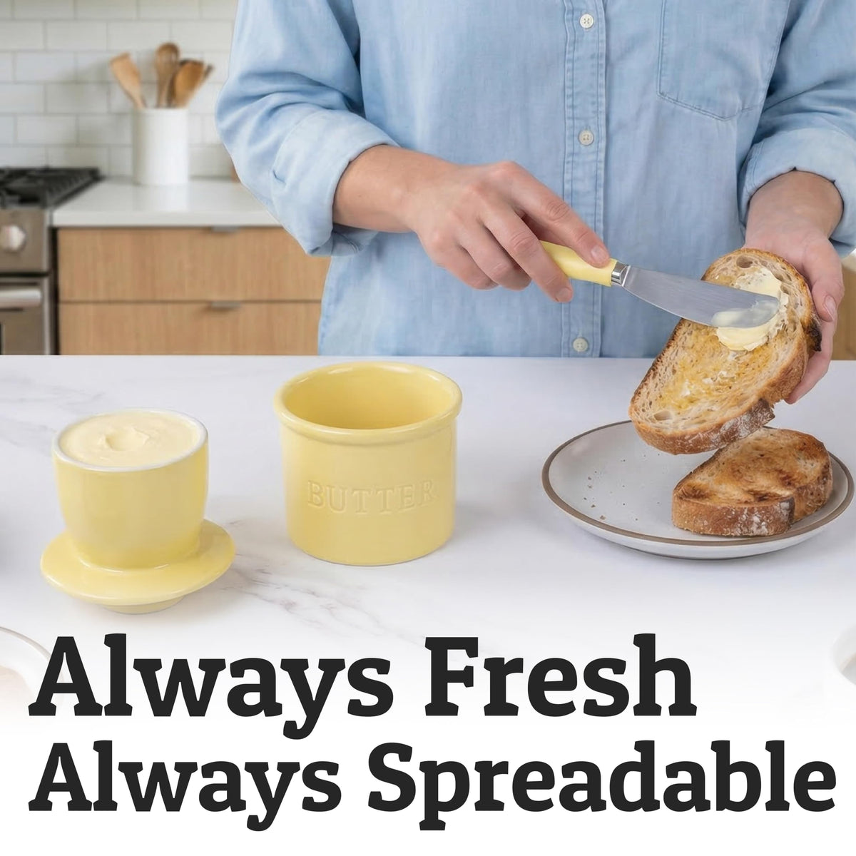 Priority Chef pastel yellow butter crock brightens any counter space.