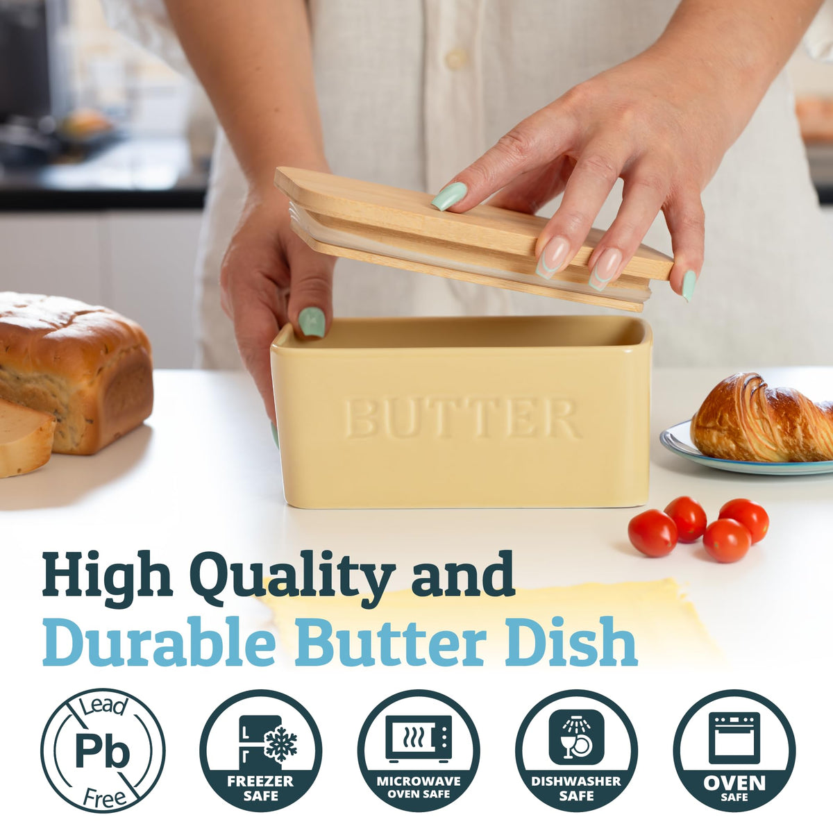Priority Chef khaki butter dish enhances kitchen decor and accessibility.