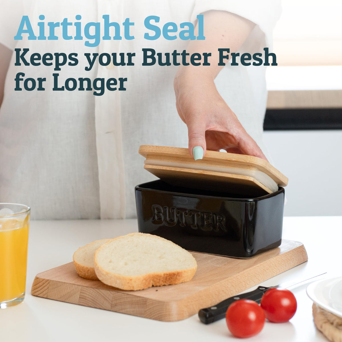 PriorityChef butter dish on countertop showcases black ceramic finish for stylish use.