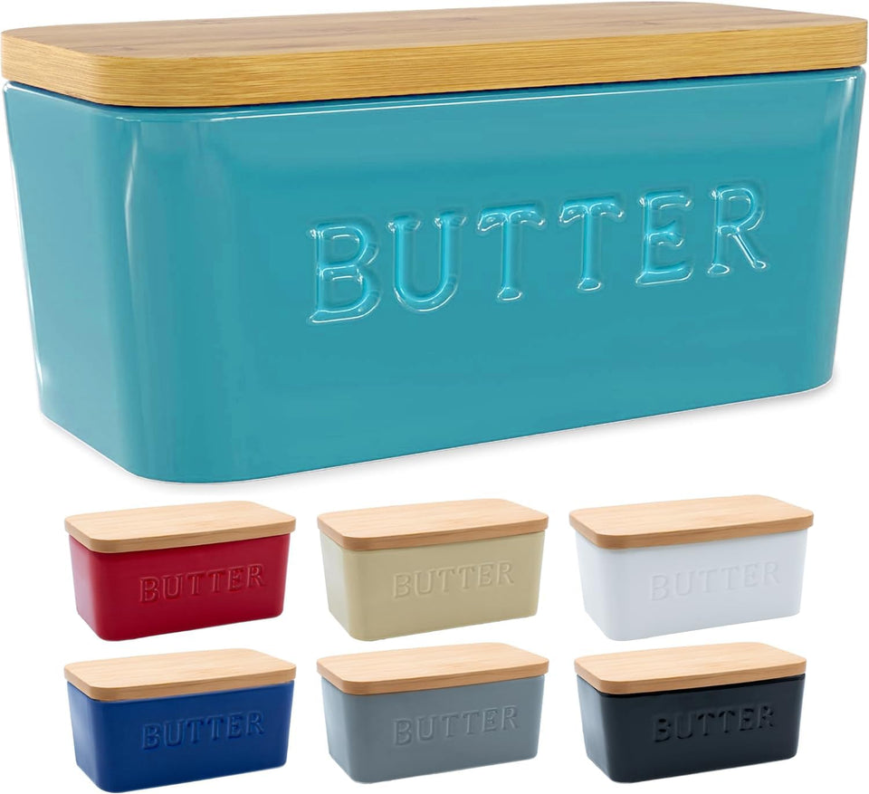 Priority Chef butter dish with lid in turquoise, keeps butter fresh on the counter.