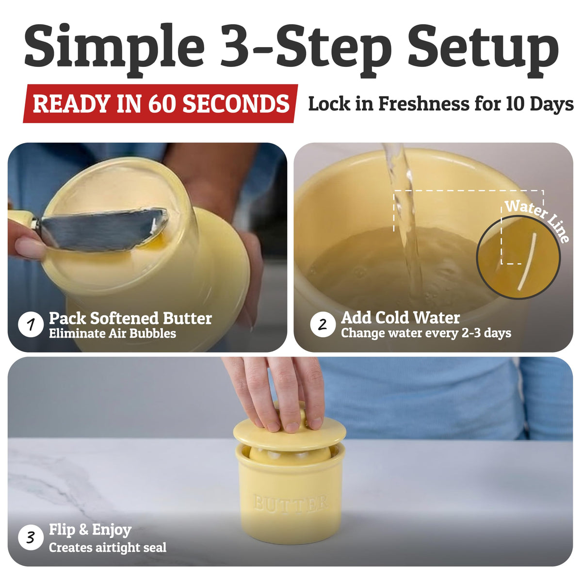Priority Chef butter keeper shows 1 and 1/3 sticks ready to use.