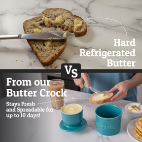 Priority Chef butter keeper on counter preserves soft, spreadable butter daily.