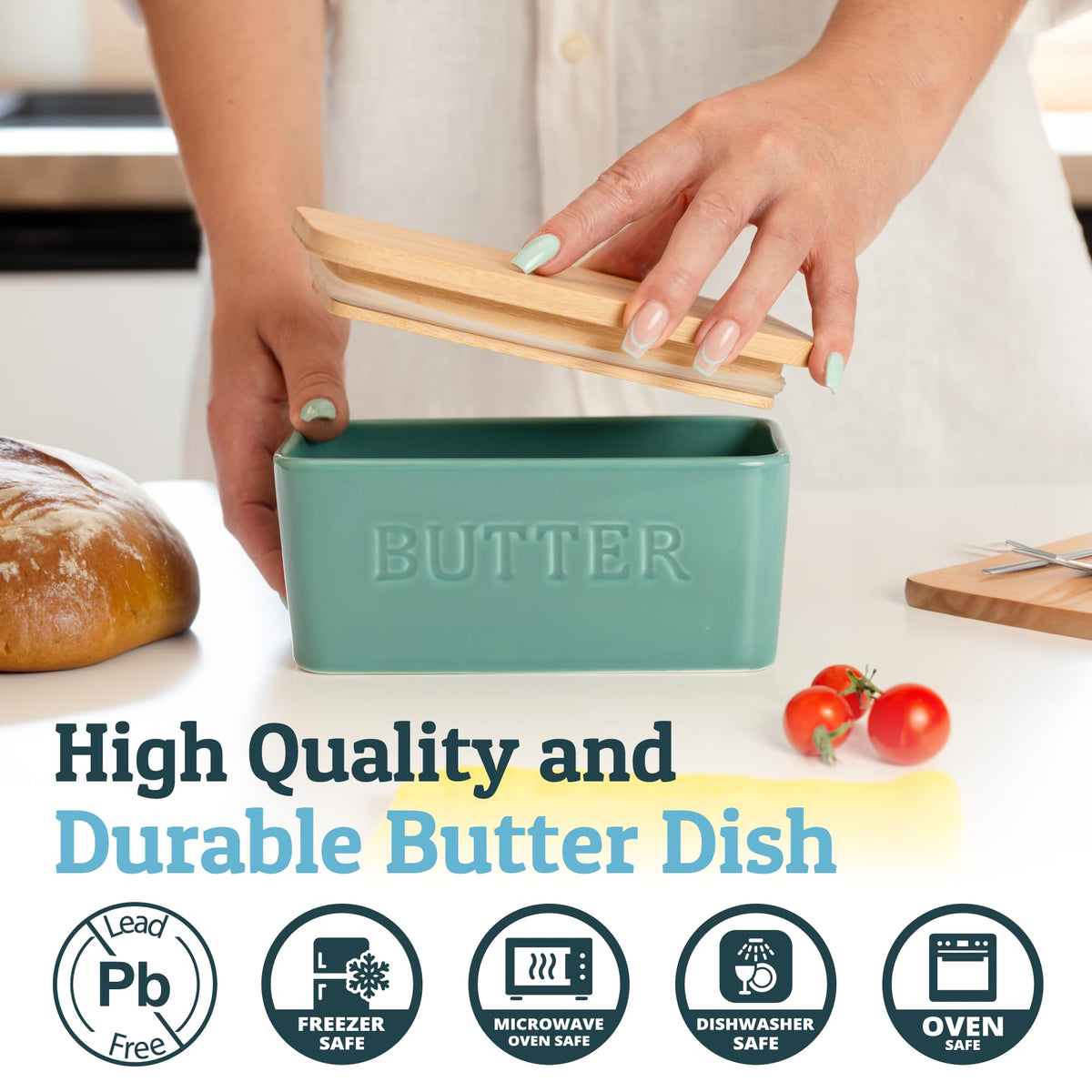 Priority Chef ceramic butter container emphasizes clean design and safe materials.
