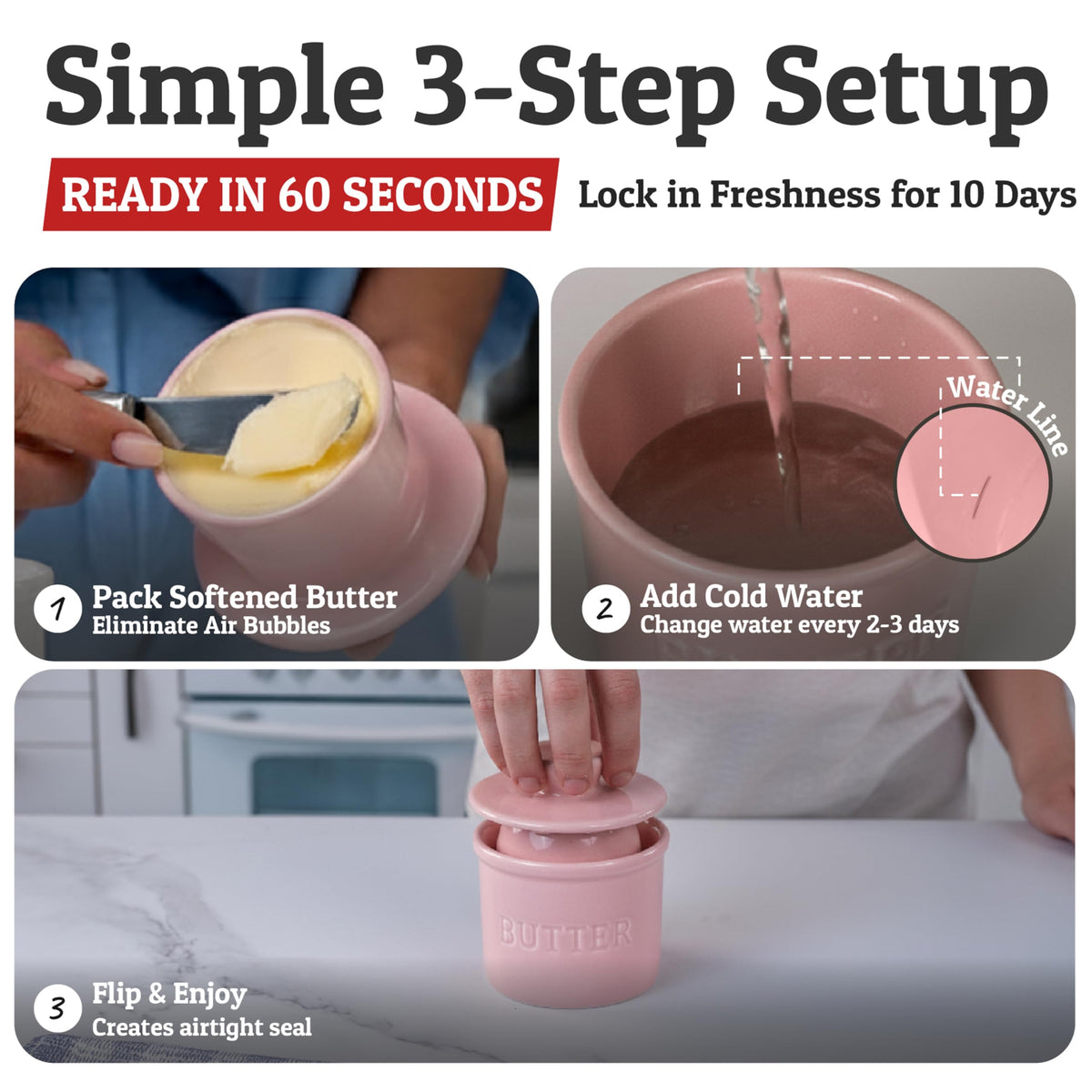 Priority Chef ceramic butter keeper shows airtight water seal protecting butter.
