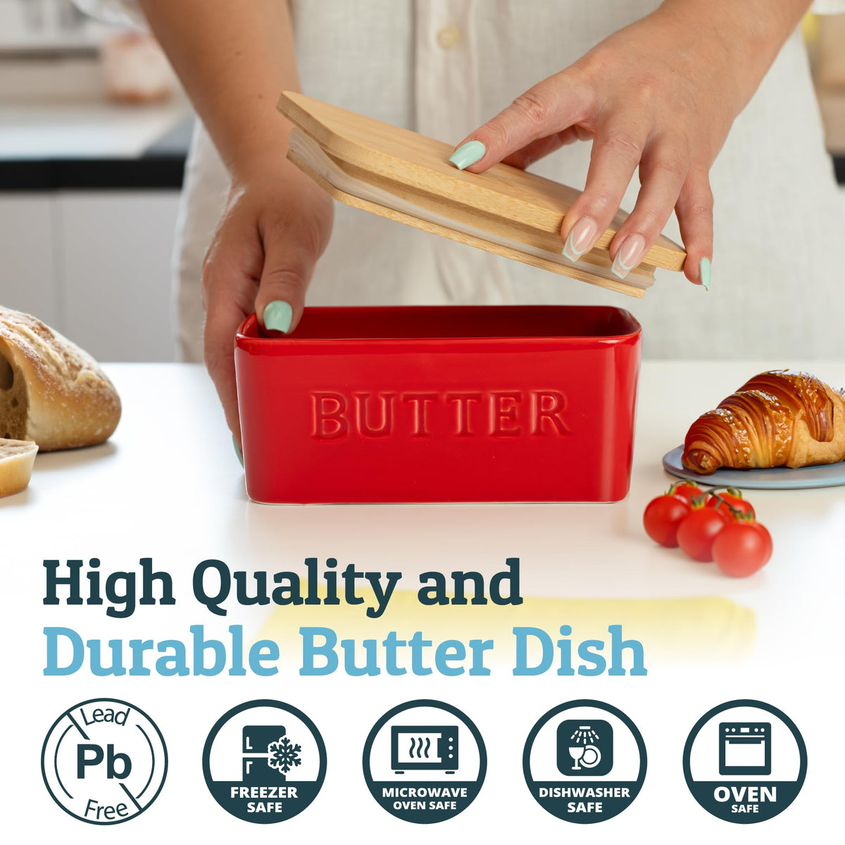 PriorityChef ceramic butter dish in red enhances countertop style