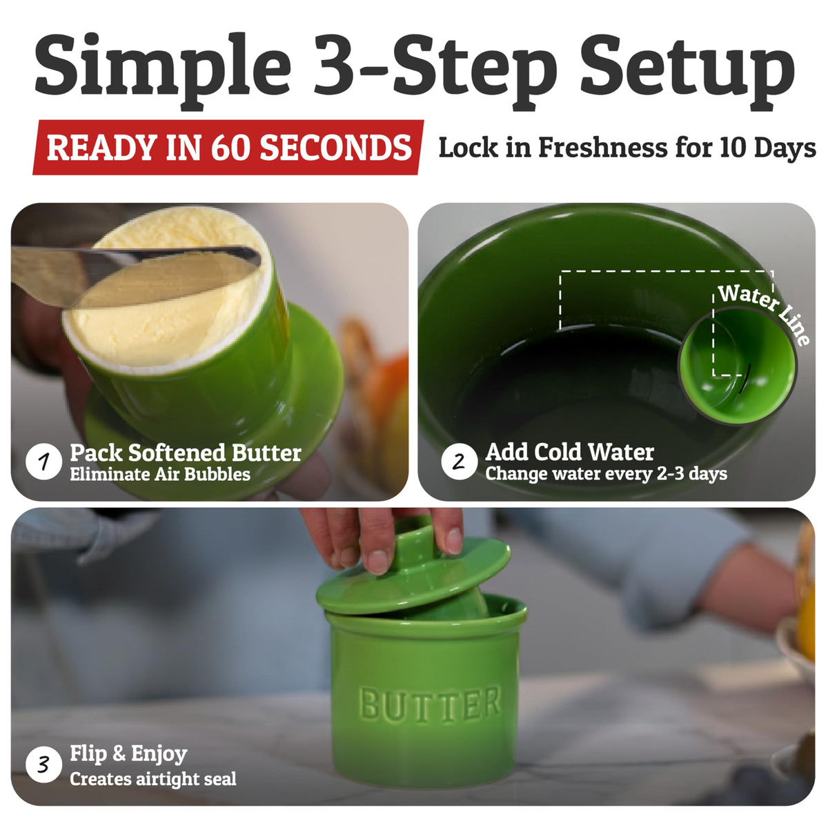 Priority Chef ceramic butter keeper in green on the counter with a safe lead-free surface
