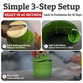 Priority Chef ceramic butter keeper in green on the counter with a safe lead-free surface