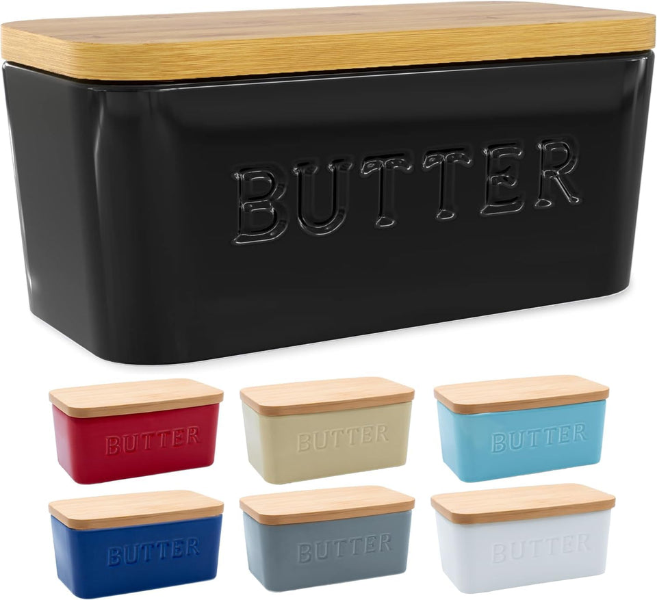 PriorityChef extra large butter dish with lid on counter keeps sticks within reach.