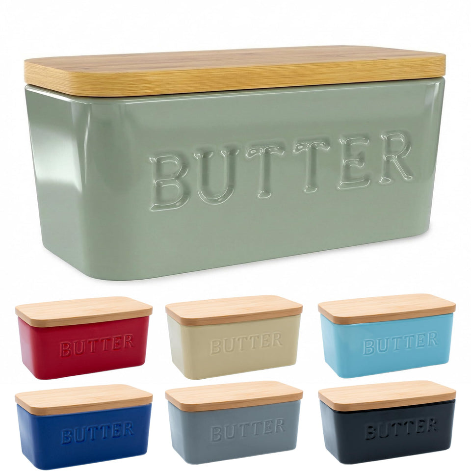 Priority Chef extra-large butter dish in sage green on the counter for easy access