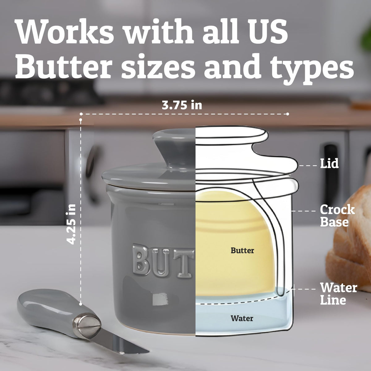 Priority Chef butter crock on counter enables ready spreadable butter
