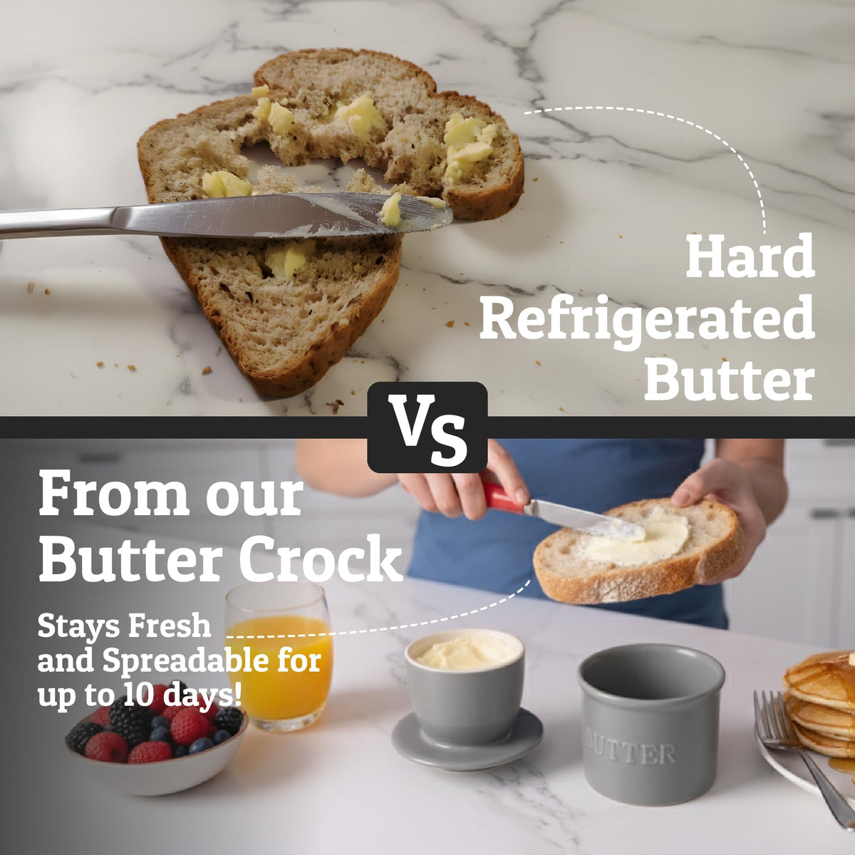 Priority Chef French butter crock with lid off reveals creamy texture for easy spreading