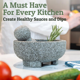 PriorityChef granite mortar with 4-cup capacity ready for guacamole or salsa.