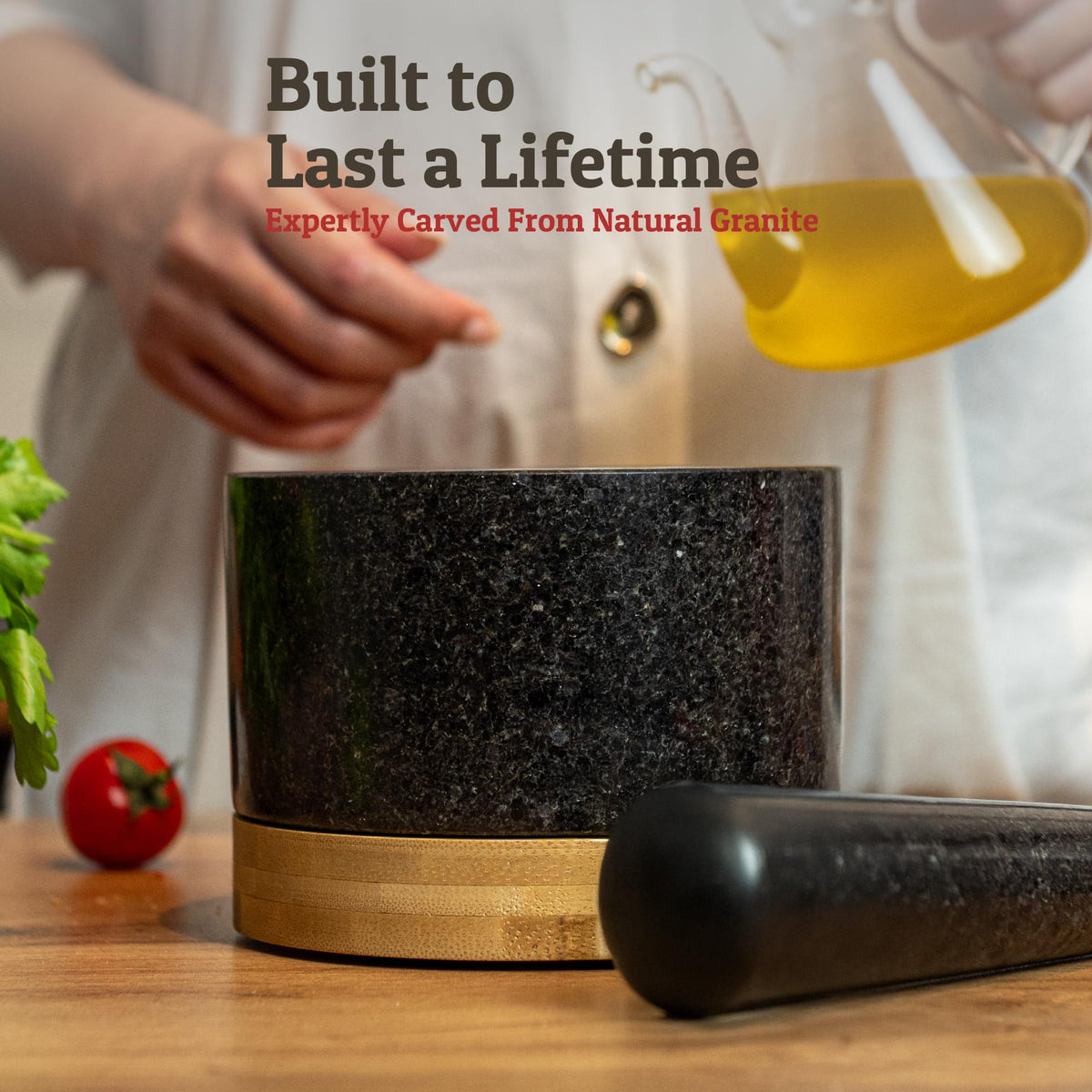 Priority Chef granite mortar close-up highlighting durable natural stone ideal for scratch resistance.