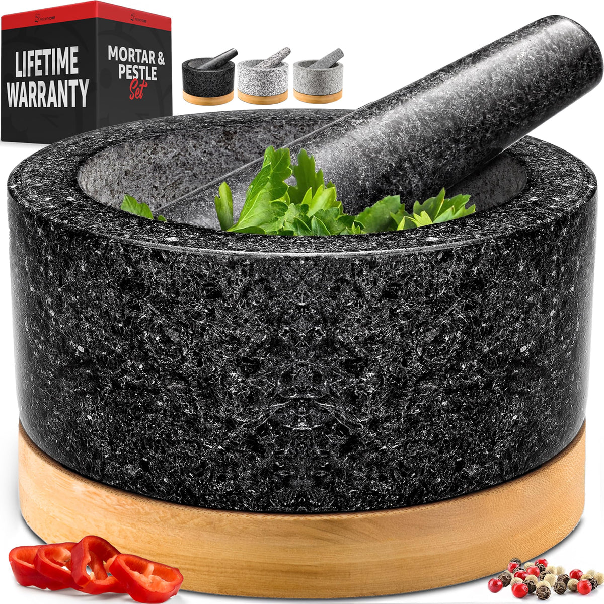 PriorityChef heavy-duty mortar and pestle in black granite for durable grinding