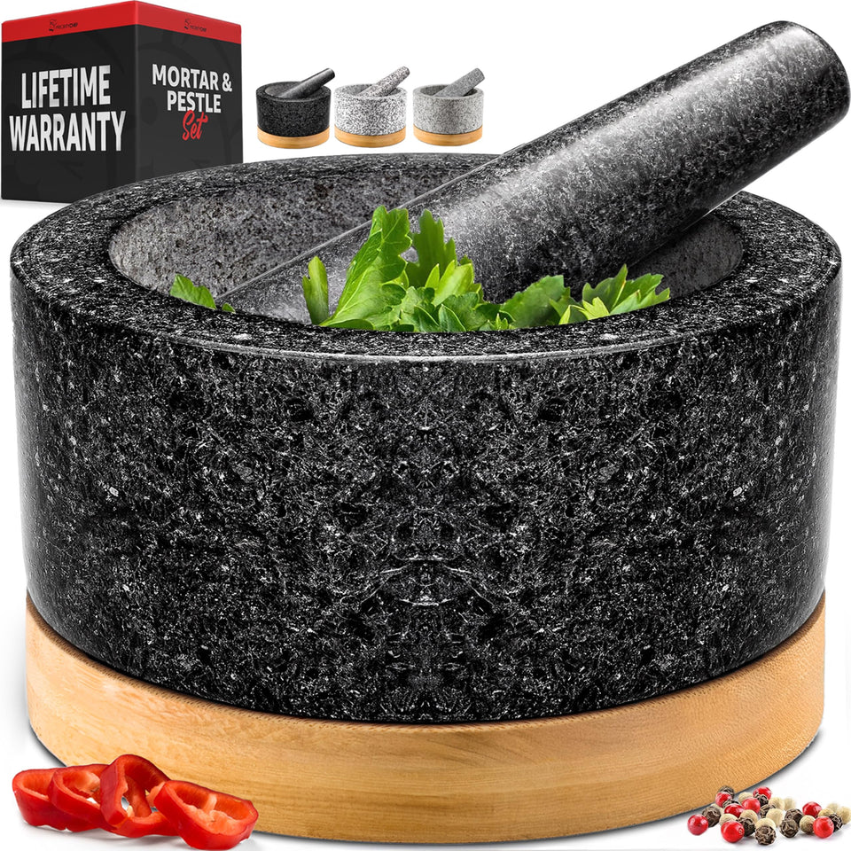 PriorityChef heavy-duty mortar and pestle in black granite for durable grinding