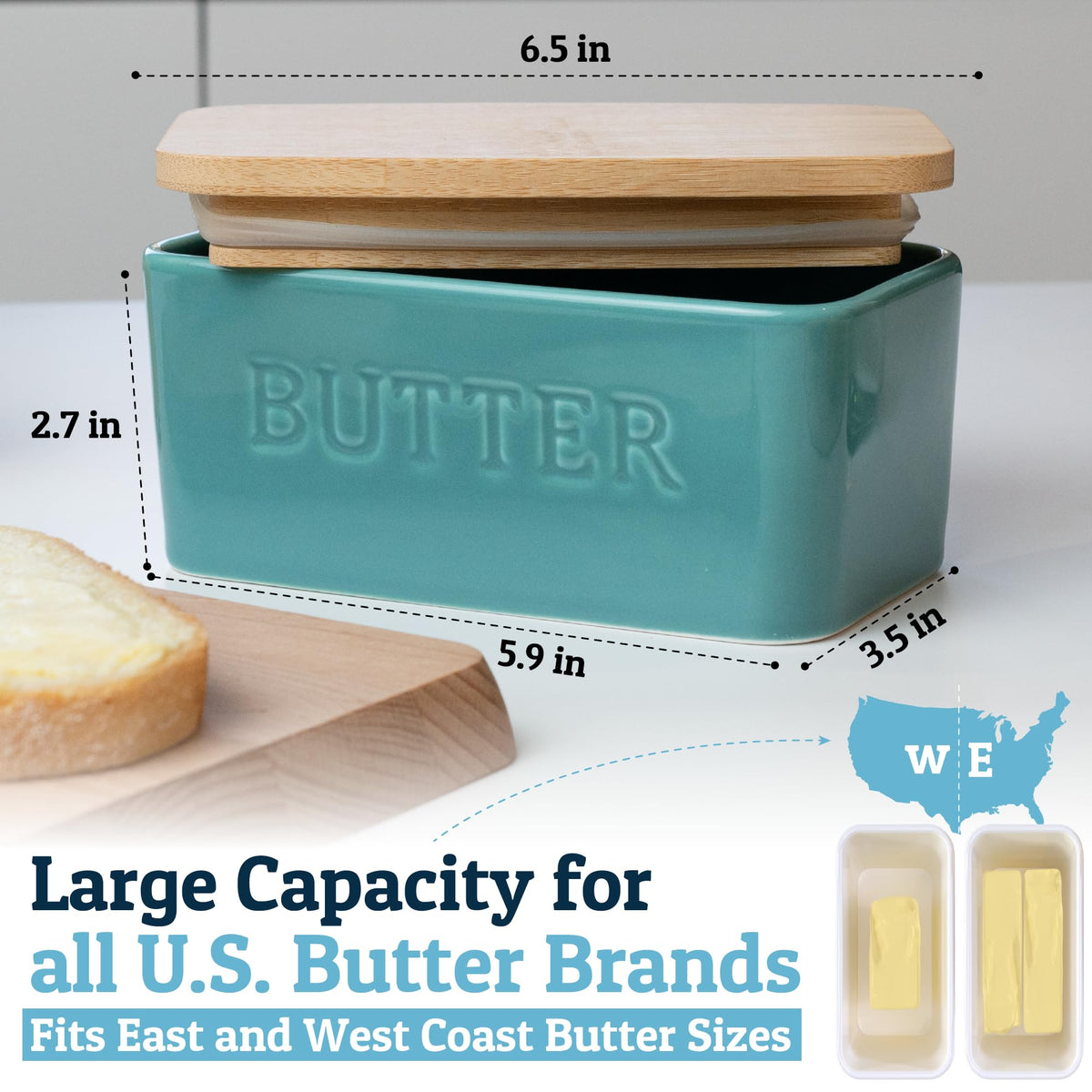Priority Chef butter keeper on countertop blends with kitchen style.