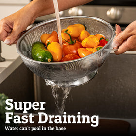 Priority Chef kitchen colander draining over counters to keep surfaces dry