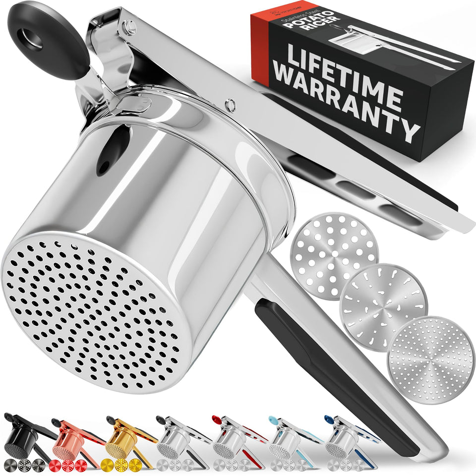 Priority Chef large 15oz potato ricer front view for smooth, fluffy mash.