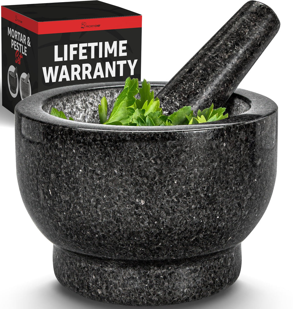 Priority Chef large granite mortar and pestle assembled for sturdy counter use