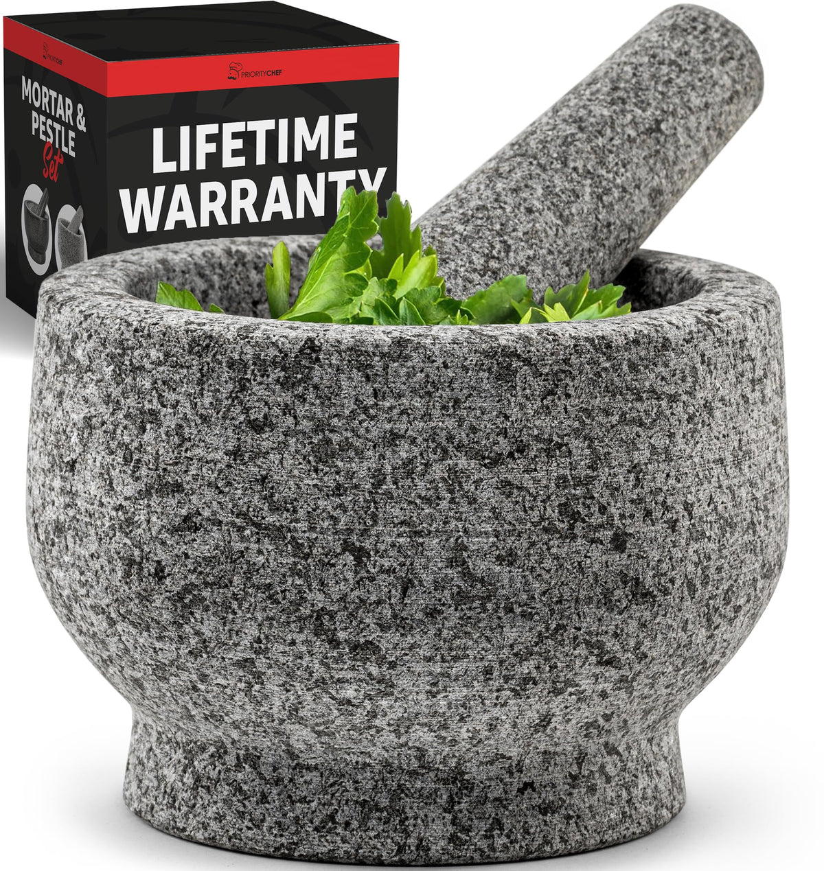 Priority Chef large granite mortar and pestle with 2-cup capacity for fresh guacamole and sauces.