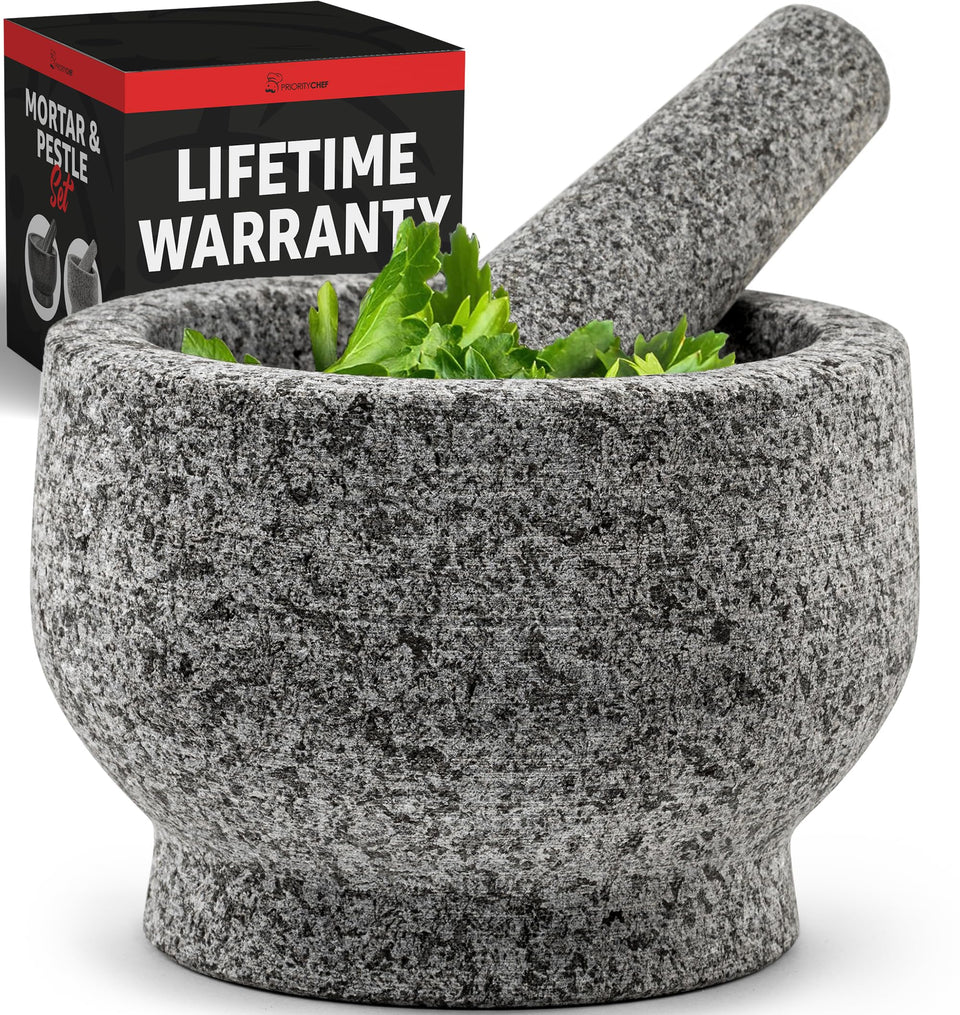 Priority Chef large granite mortar and pestle with 2-cup capacity for fresh guacamole and sauces.