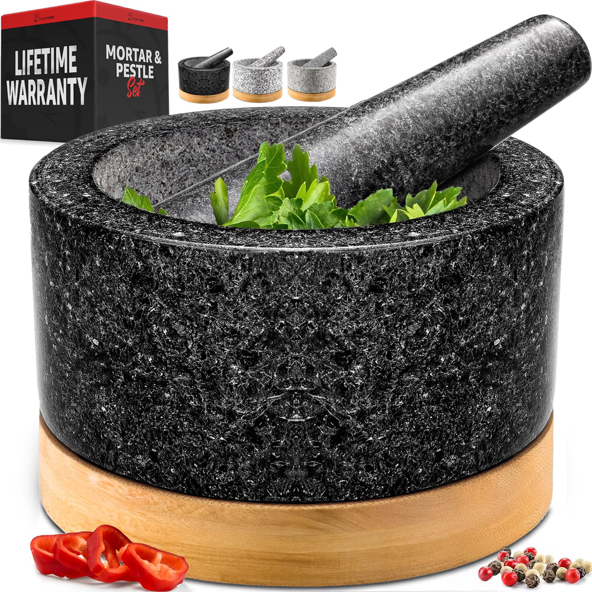 Priority Chef mortar and pestle with bamboo base showing 2-cup capacity for quick grinding.
