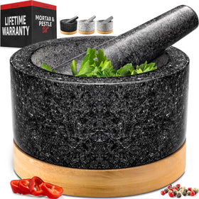 Priority Chef mortar and pestle with bamboo base showing 2-cup capacity for quick grinding.