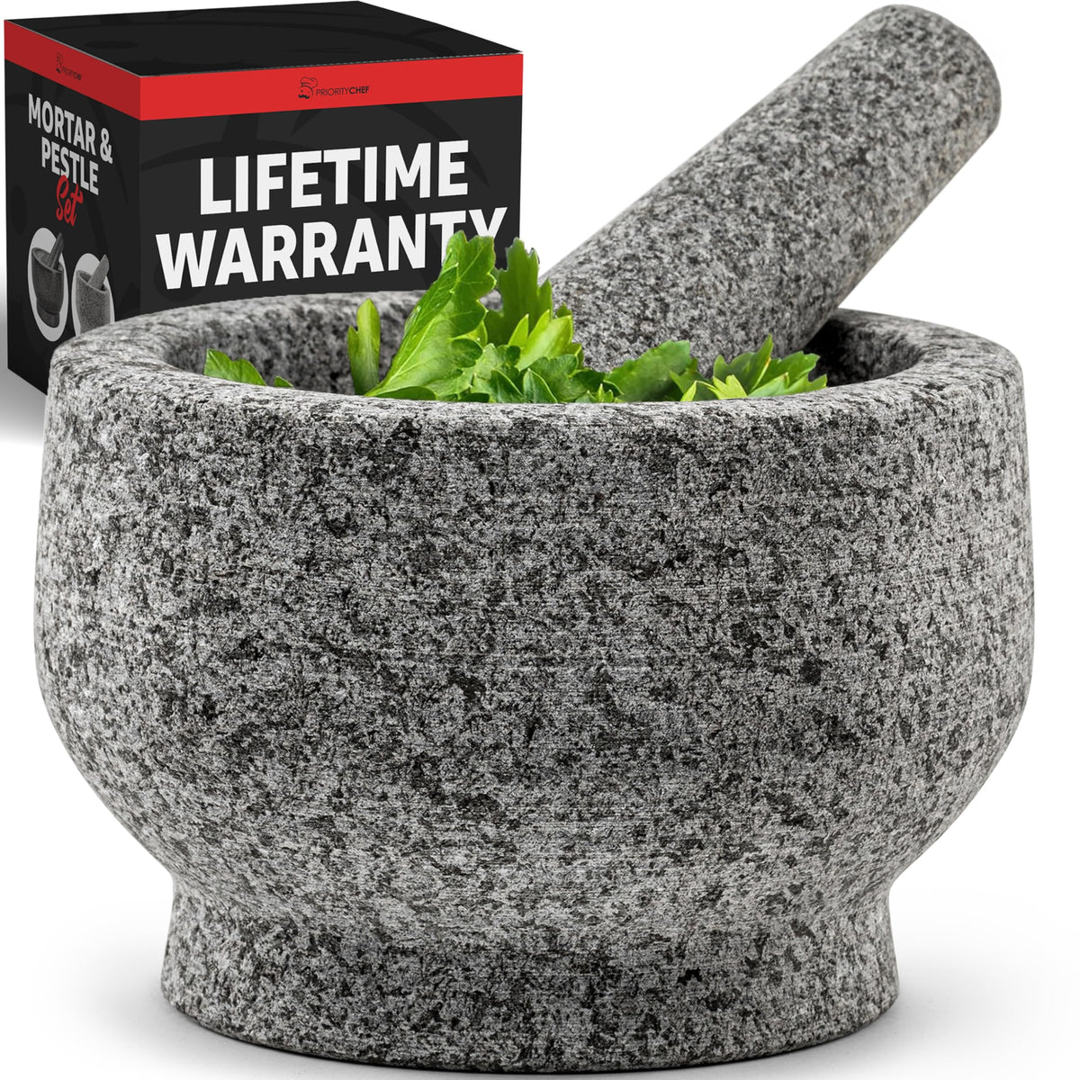 Priority Chef mortar and pestle grey granite front view for sturdy grinding and fresh sauces.