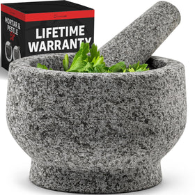 Priority Chef mortar and pestle grey granite front view for sturdy grinding and fresh sauces.