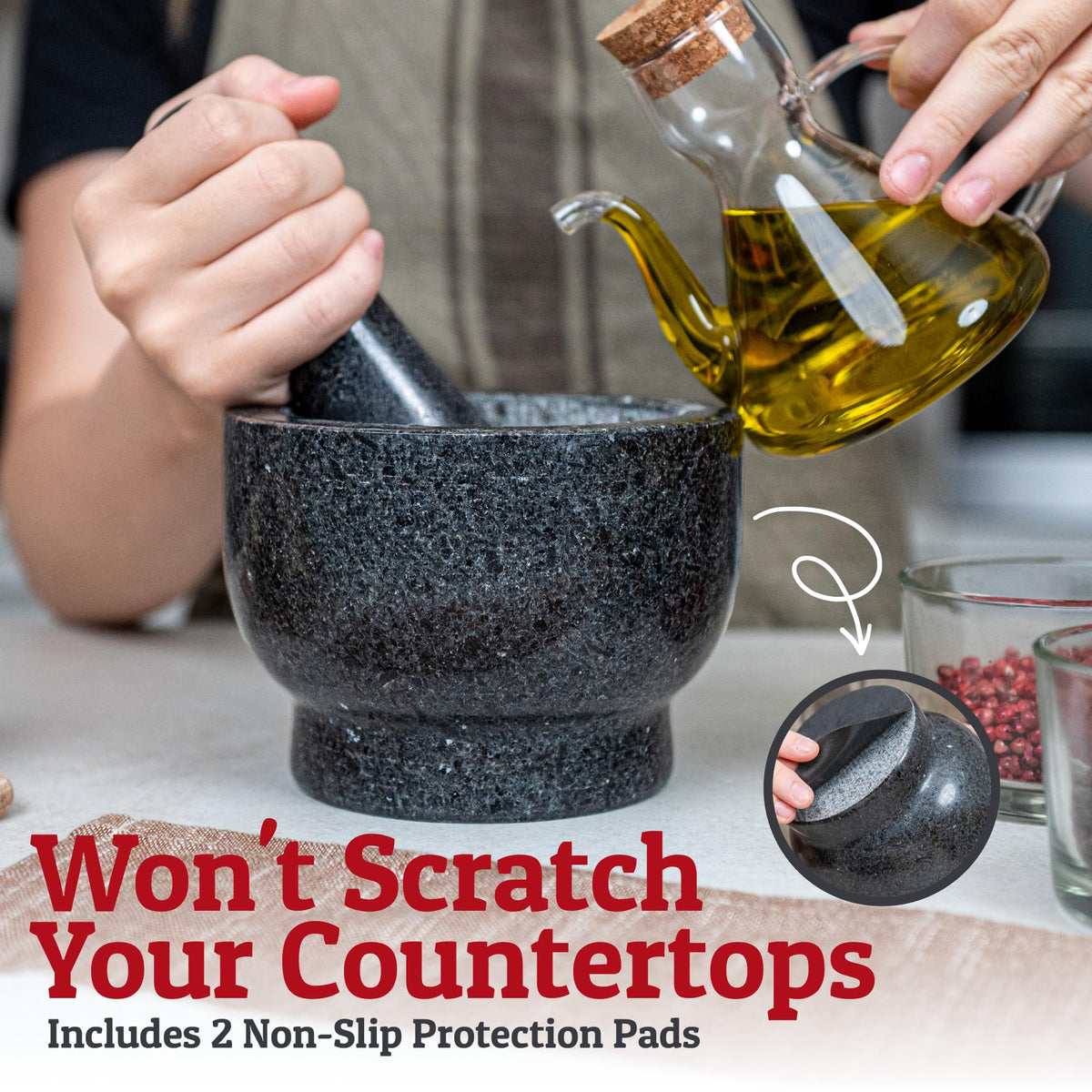 Non-slip protectors keep countertops safe during use.