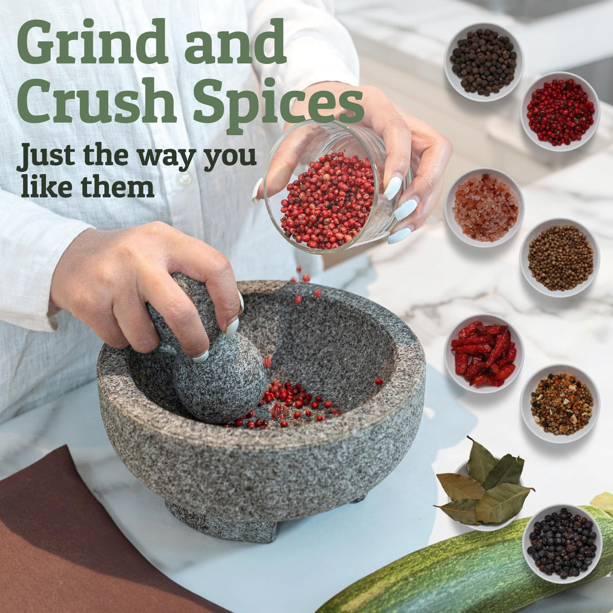 PriorityChef pestle grinding action beside mortar demonstrates sturdy, efficient sauce prep.