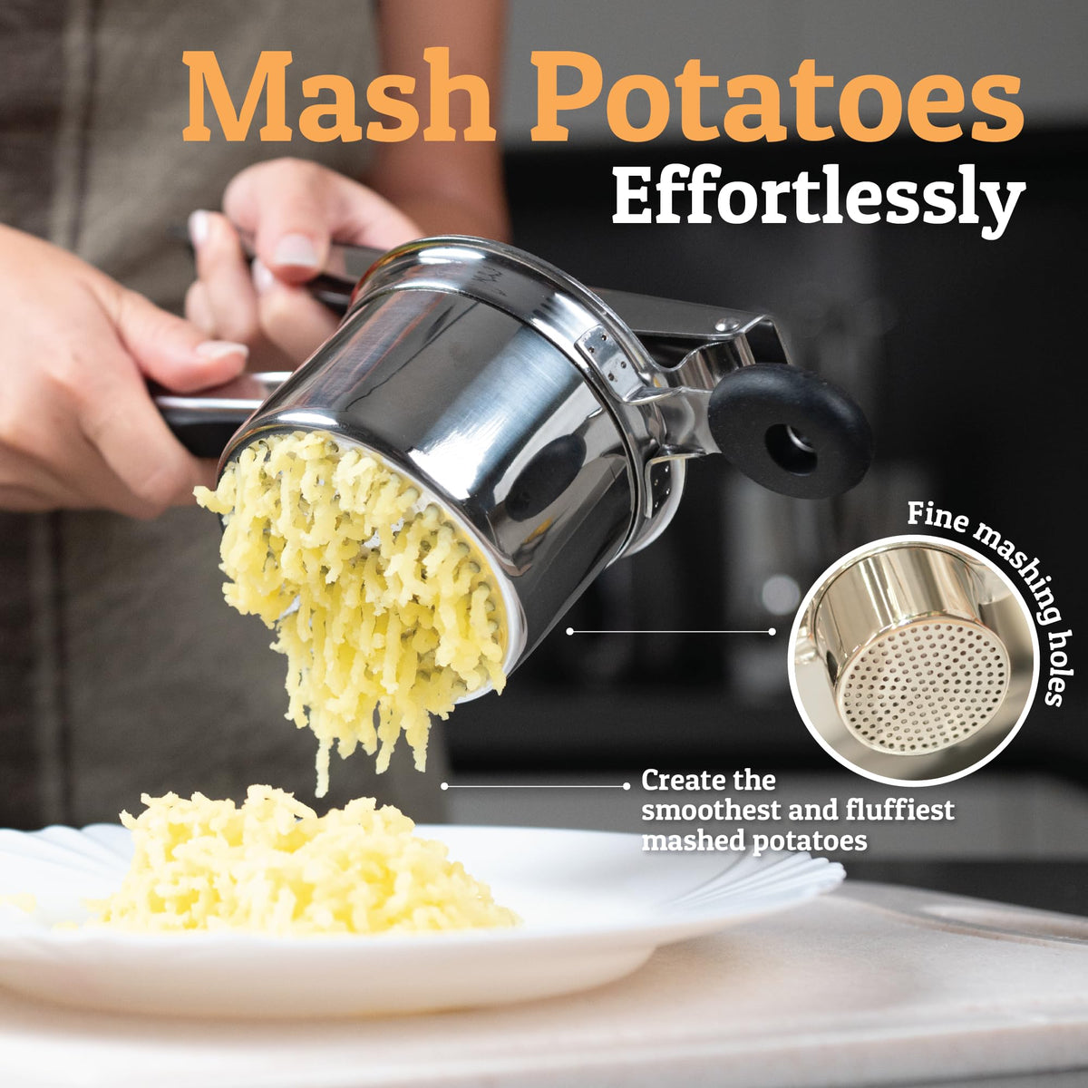 Priority Chef potato ricer 3-disc system showing texture options.