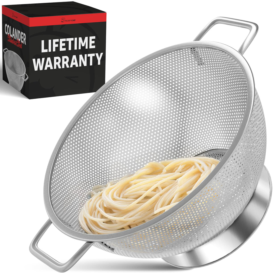 Priority Chef Premium 4 Qt colander with handle for easy draining pasta and rinsing produce