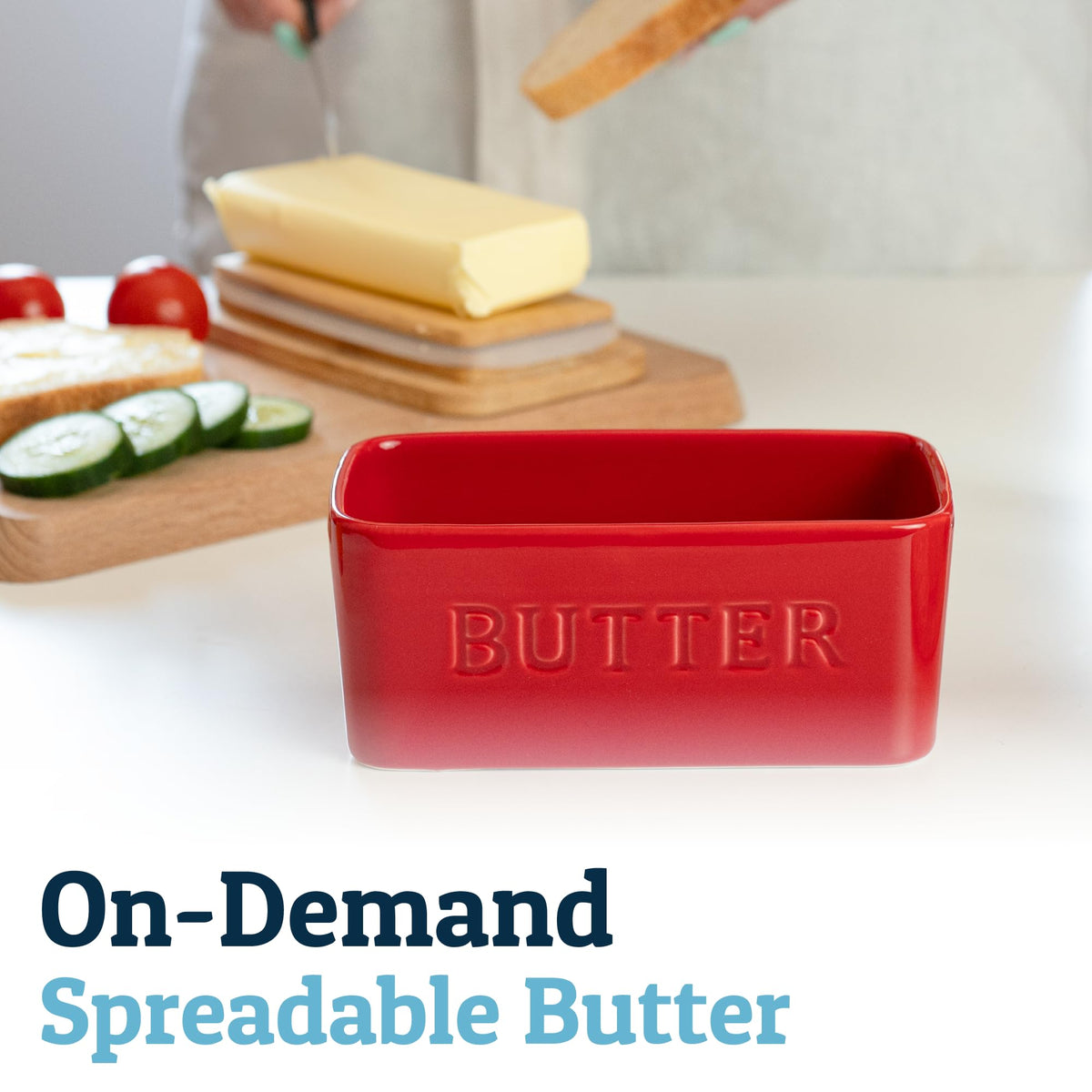 PriorityChef red butter dish blends with kitchen decor and function