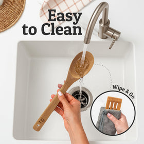 Priority Chef solid spoon ideal for stirring sauces and soups; hand wash.