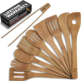 Priority Chef 9pc wooden spoons set shown for versatile everyday cooking on all cookware; hand wash recommended.