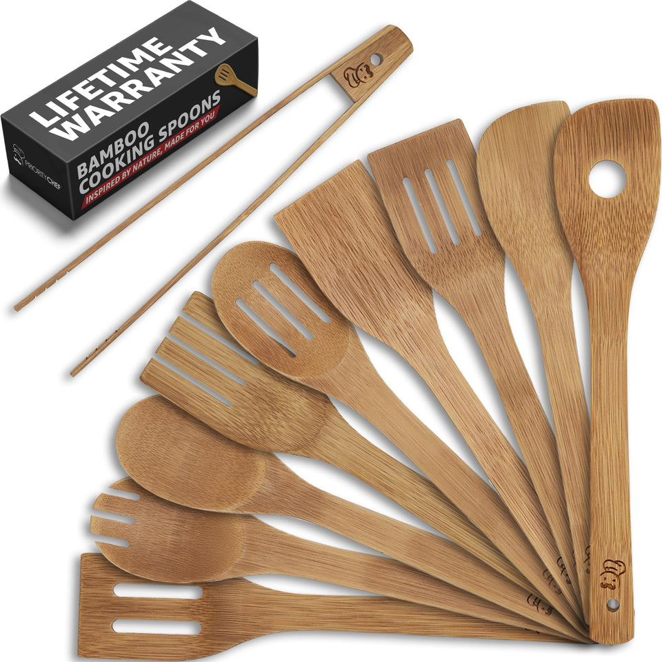 Priority Chef 9pc wooden spoons set shown for versatile everyday cooking on all cookware; hand wash recommended.