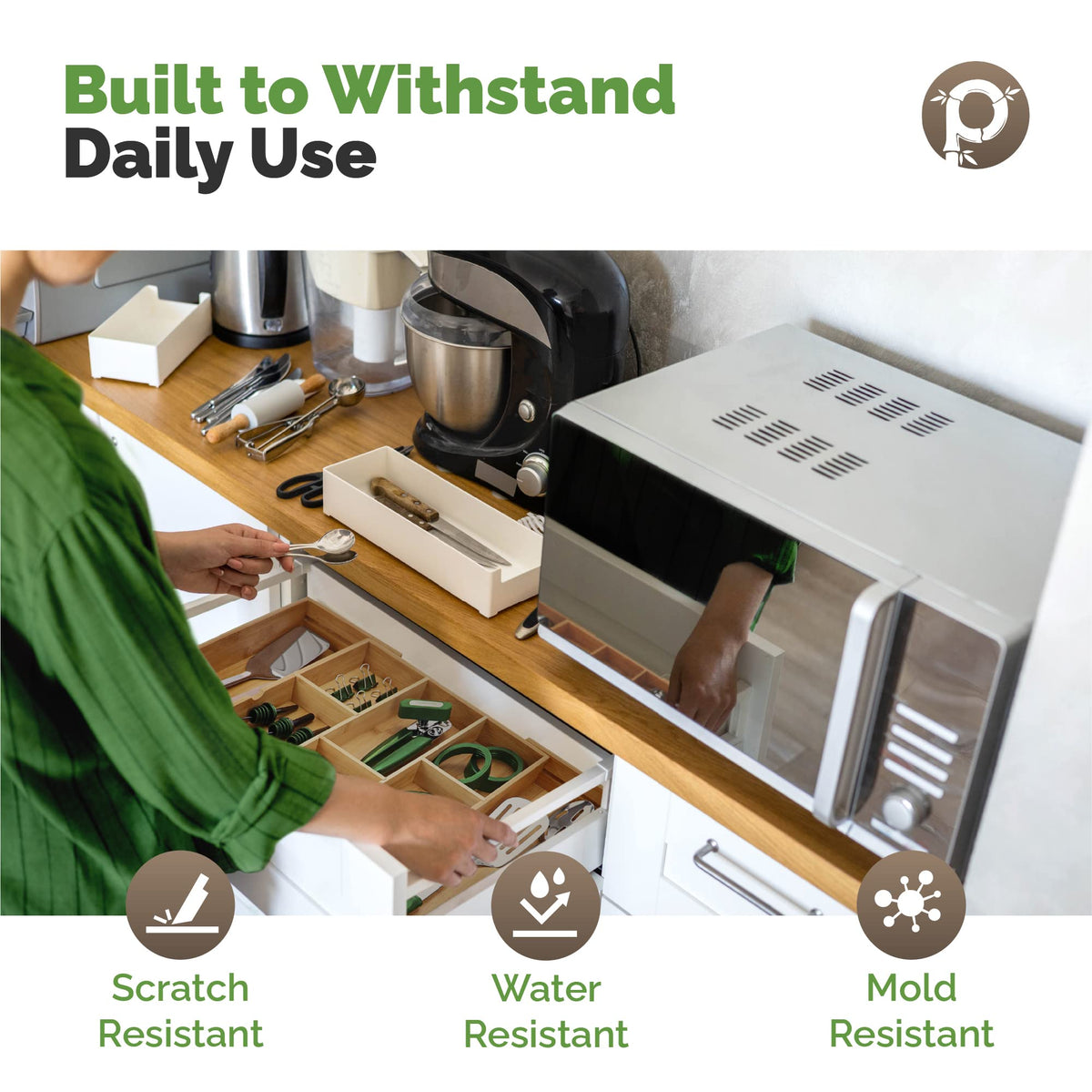 Pristine Bamboo drawer organizer inside a drawer for neat separation.