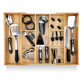 Pristine Bamboo expandable drawer organizer in open view with wide compartments for utensils.