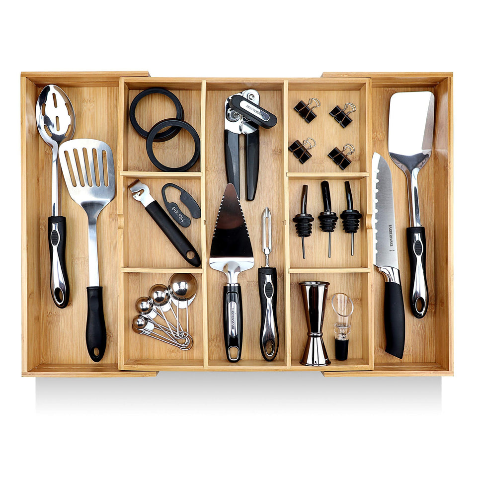 Pristine Bamboo expandable drawer organizer in open view with wide compartments for utensils.
