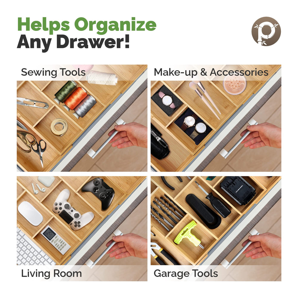 Pristine Bamboo ten-compartment layout clearly separates utensils for easy reach.
