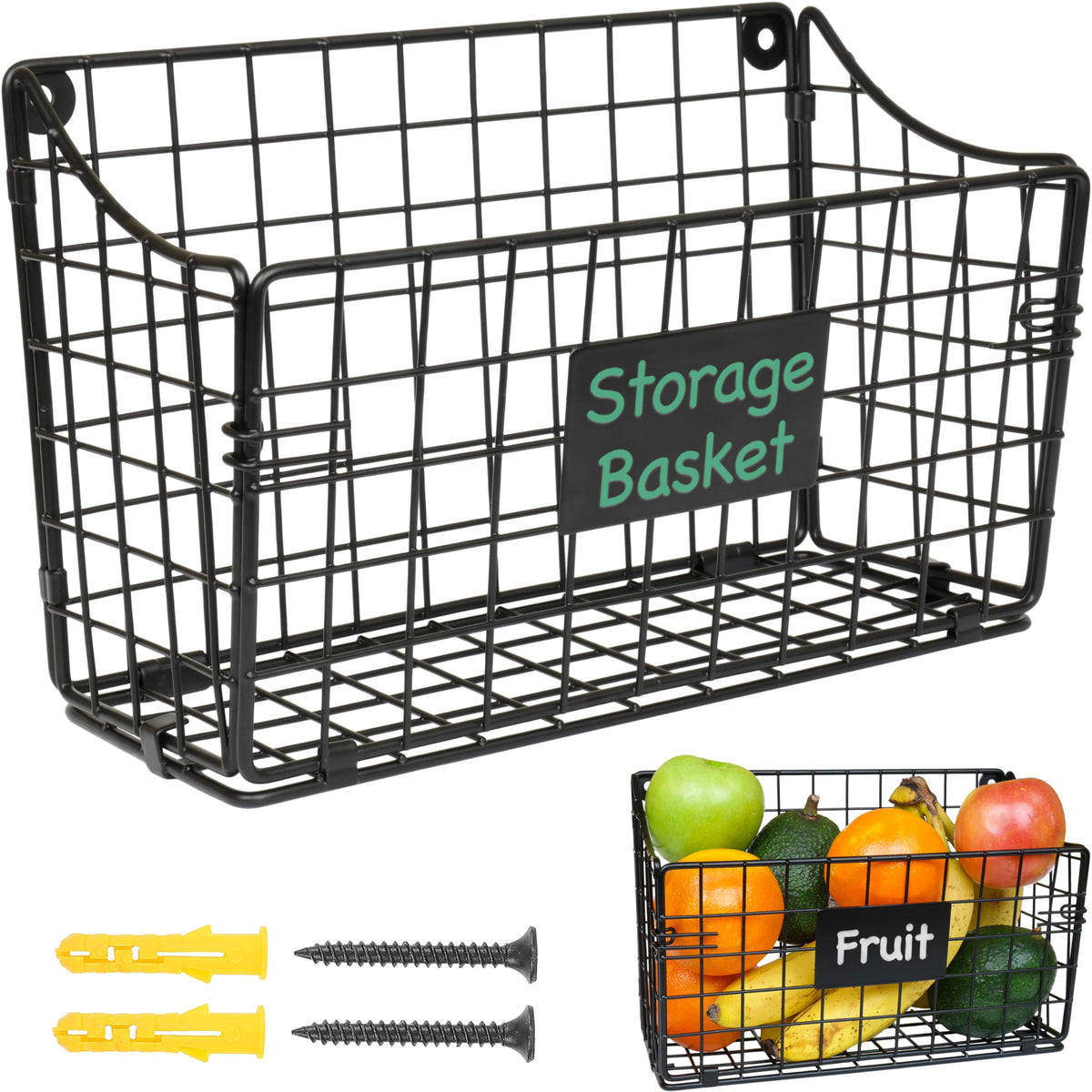 PriZoi wall mount wire basket front view shows sturdy black finish for kitchen storage.